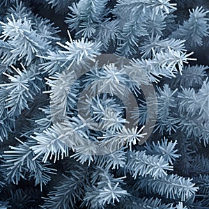 Fir and spruce branches covered with frost abstract background.