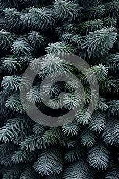 Fir and spruce branches covered with frost abstract background.