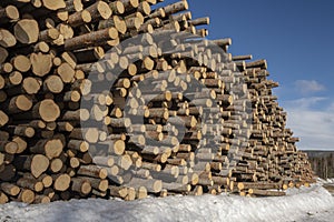 Fir timber in a pile on snow with a blue sky in background