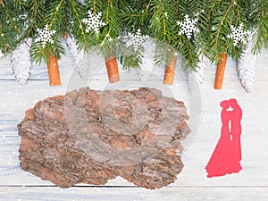 Fir tree branch with cinnamon, cones, bark on white wooden background