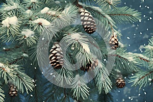 Fir tree branch covered with snow and pine cones,  Winter background