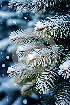 Fir tree branch covered with snow in winter. Christmas background.