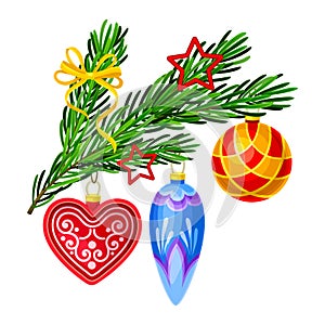 Fir Tree Branch Decorated with Bow and Christmas Bauble Vector Composition