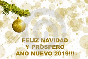 Fir tree branch with a golden glitter ball on white background. Bokeh effects. Christmastime. Christmas postcard. Feliz Navudad photo