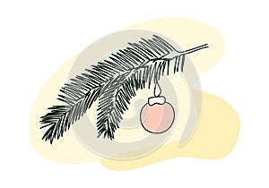 Fir tree branch with red glass ball one line drawing colored with pastel colors. Vector illustration