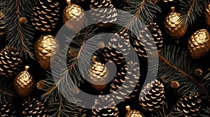 Fir tree branches with cones, Christmas, New year background concept. Texture of pine cones and spruce branches