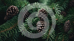 Fir tree branches with cones, Christmas, New year background concept. Texture of pine cones and spruce branches
