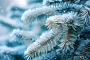Fir tree branches covered with snow in the winter forest. Christmas background