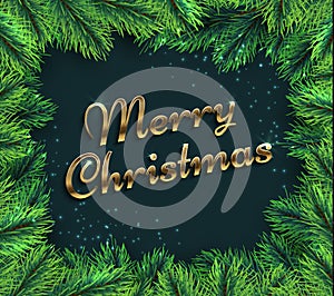 Fir tree branches. Merry christmas glamour background with pine branch and greetings text. Happy new year 2019 greeting