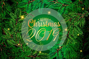 Fir tree branches. Merry christmas glamour background with pine branch and greetings text. Happy new year 2019 greeting vector car