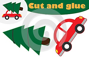 Fir tree on car cartoon, christmas education game for the development of preschool children, use scissors and glue to create the