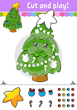 Fir tree. Cut and glue. Color activity worksheet for kids. Game for children. Cartoon character. Vector illustration