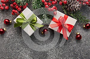 Fir Tree Decorations  On Black Concrete With Copy Space