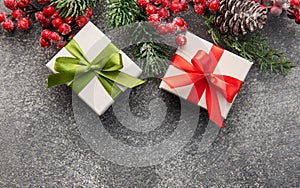 Fir Tree Decorations  On Black Concrete With Copy Space
