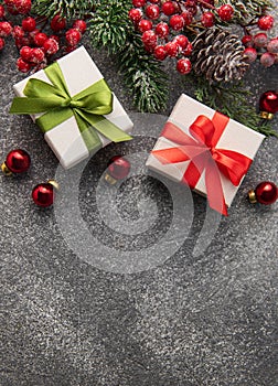 Fir Tree Decorations  On Black Concrete With Copy Space