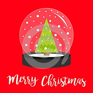 Fir tree icon. Crystal ball with snow. Merry Christmas Greeting card. Flat design. Red background. Isolated