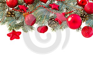 Fir tree and red christmas decorations