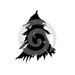 Fir tree silhouettes. Black grunge Christmas tree. Watercolor spruce isolated on white background. Vector illustration