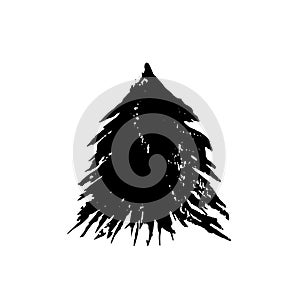 Fir tree silhouettes. Black grunge Christmas tree. Watercolor spruce isolated on white background. Vector illustration.