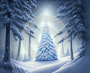 Fir tree in snow glowing in the woods, Christmas tree in enchanted forest. Generative AI illustration