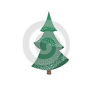 Fir tree with snow texture. Pine xmas vector illustration isolated on white background. Simple flat cartoon green spruce