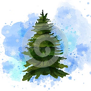 Fir tree Vector watercolor isolated on white. Template layout green Christmas tree without decorations