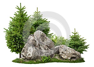 Cutout rock surrounded by pine trees photo