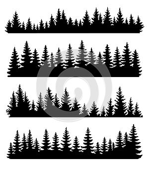 Fir trees silhouettes set. Coniferous or spruce forest horizontal background patterns, black pine woods vector