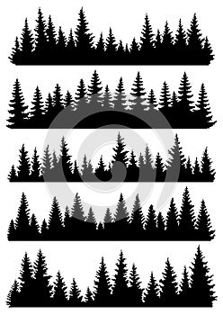 Fir trees silhouettes set. Coniferous or spruce forest horizontal background patterns, black pine woods vector