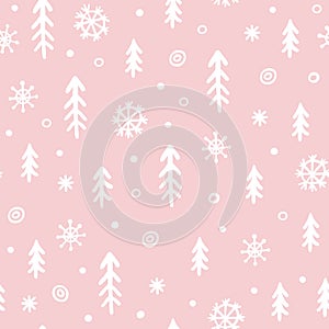 Fir trees and snowflakes Christmas seamless pattern