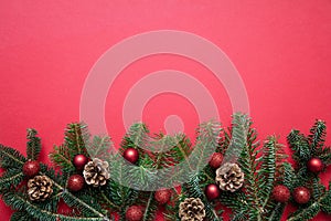 Fir twig fresh against red color background