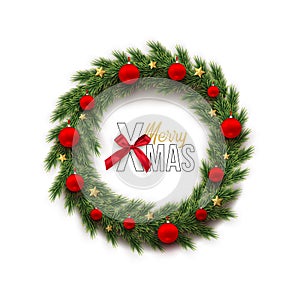 Fir wreath with red Christmas balls and golden stars and Merry Xmas text with bow isolated on white background. Vector