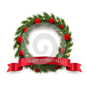 Fir wreath with red Christmas balls, golden stars and red ribbon with Merry Christmas text isolated on white background