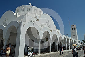 Fira Church With Its Pretty Arches On The Island Of Santorini. Travel, Cruises, Architecture, Landscapes.