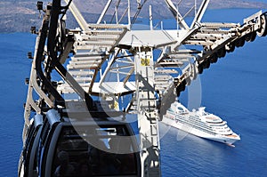 Fira harbor on the island of Santorini, cable car connecting city.