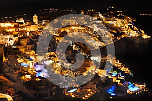 Fira, main town of Santorini at night, Greece