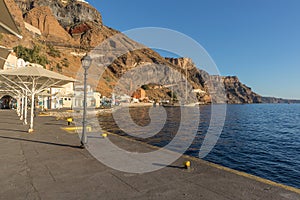 Fira marina with boats at sunset. Santorini, Greece.