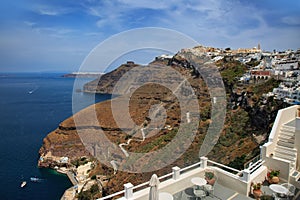 Fira panoramic view, Santorini island with donkey path and cable car from old port