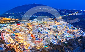 Fira, Santorini island, Greece. Overview of the cliffside town of Thira, Fira with the traditional and famous white