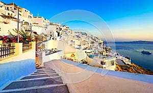 Fira, Santorini island, Greece. Traditional and famous white houses over the Caldera, Aegean sea