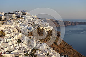 Fira, Santorini island, Greece. Traditional and famous white houses over the Caldera, Aegean sea