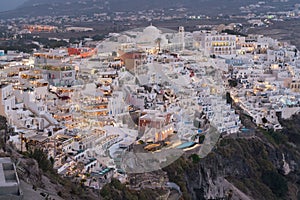 Fira town aerial view, before sunrise, Santorini.