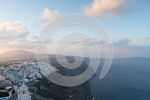 Fira town aerial view at sunrise, Santorini.