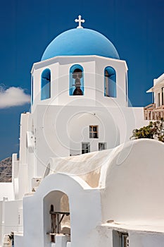 Fira town on Santorini island, Greece. Incredibly romantic sunrise on Santorini. Oia village in the morning light