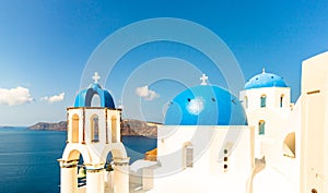 Fira town on Santorini island, Greece. Oia village in the morning light. Amazing romantic scenery with white houses. Island of