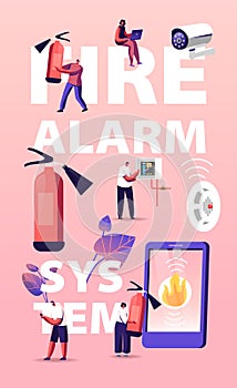 Fire Alarm Safety System Concept. Characters Get Notification from Smartphone of Accident. People with Extinguisher