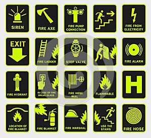 Fire alarm sign. Set of vector fire symbols, emergency exit sign. Fire signs