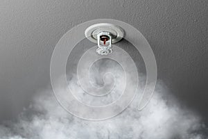 Fire alarm sprinkler system in action with smoke