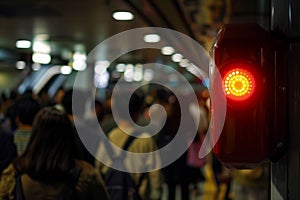 fire alarm strobe flashing in crowded public area