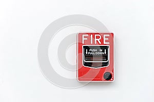 Fire alarm switch box on white wall for warning